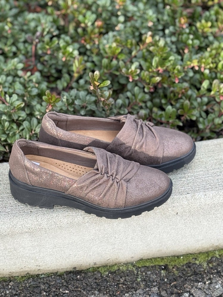 Clarks Collection Calla Style Ruched Slip-On Women's Loafers in Bronze,Size 8.5