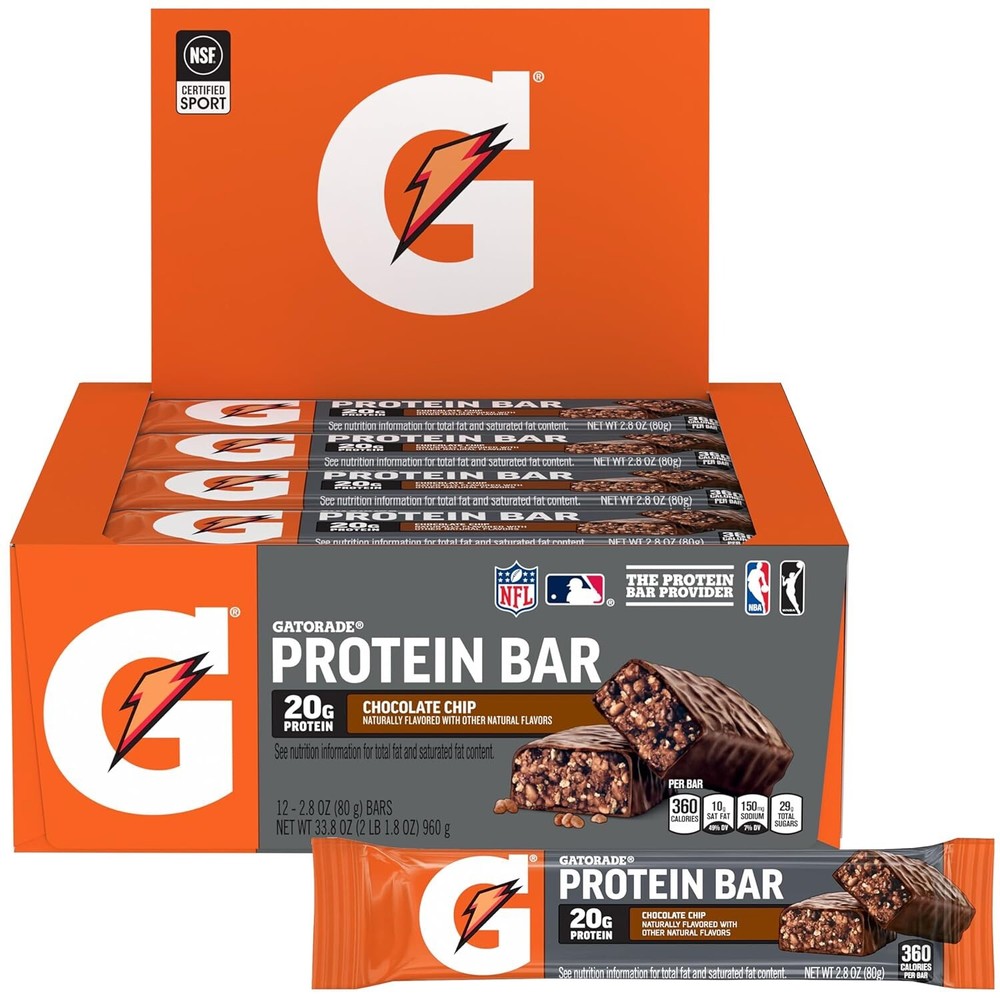 Gatorade Whey Protein Bars, Chocolate Chip, 2.8 oz bars, Pack of 12, 20g Protein