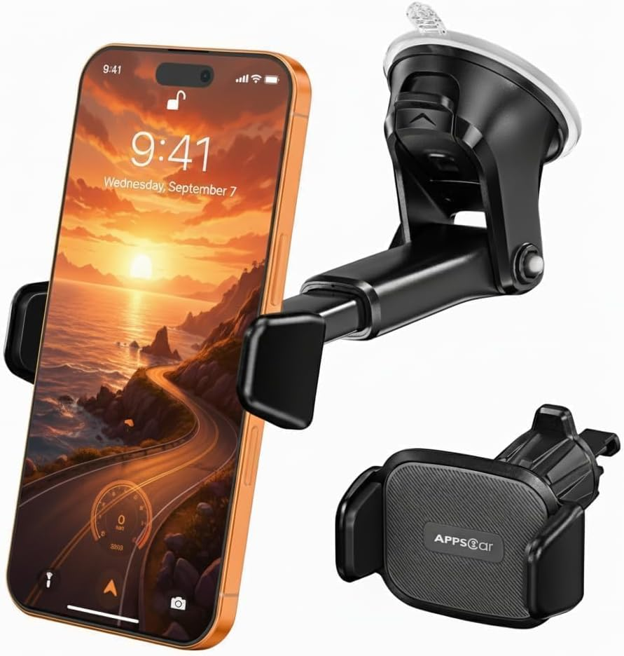 Car Phone Holder Mount - 3-In-1 Dashboard Windshield Air Vent - No Block Camera