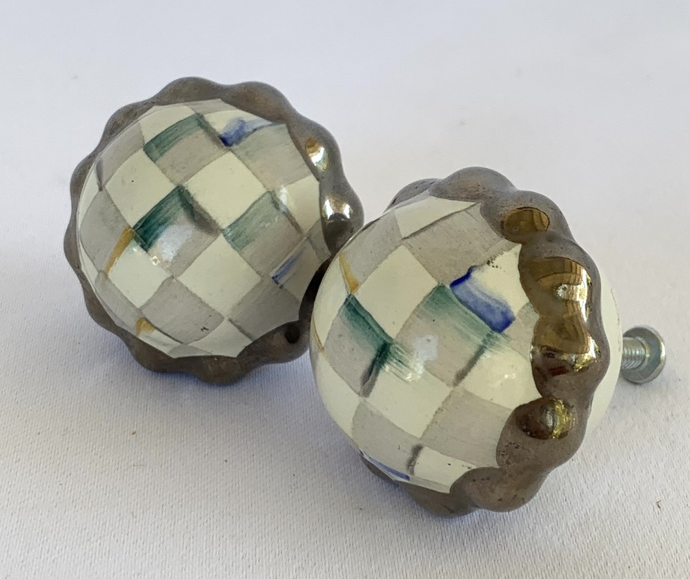 Mackenzie Childs Check Petite Round Gray Silver Drawer Pull Knob Set Of 2   Mint