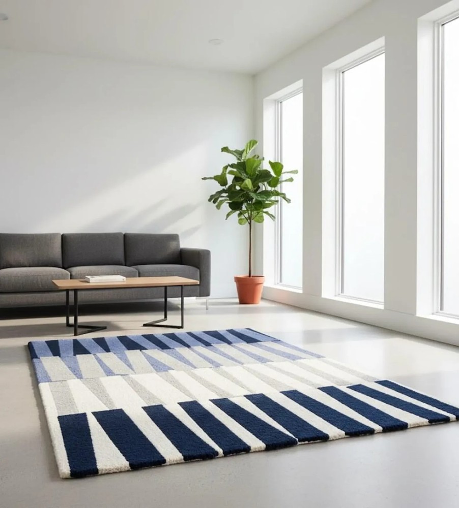 Hand Tufted Modern Geometric Area Rug – Blue Abstract Stripe Design