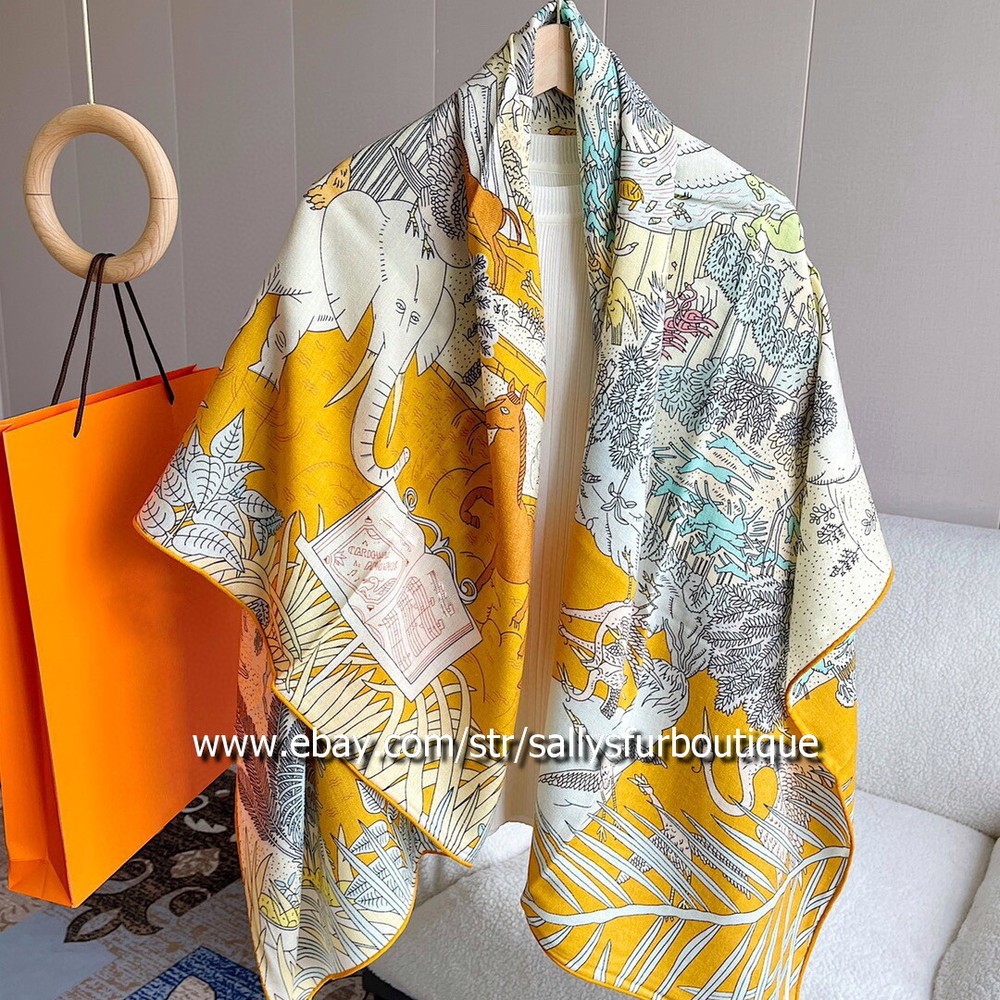 Sally Cashmere Silk Animal Print Double Face Shawl Hand Rolled 53 Inch Wrap Scarf