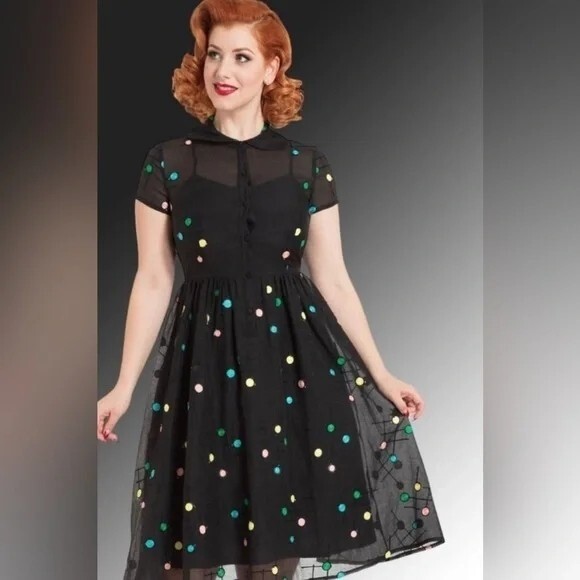 Voodoo Vixen 50s Style Dress Women XS Black Chiffon Polka Dot Pin Up Dance Twee
