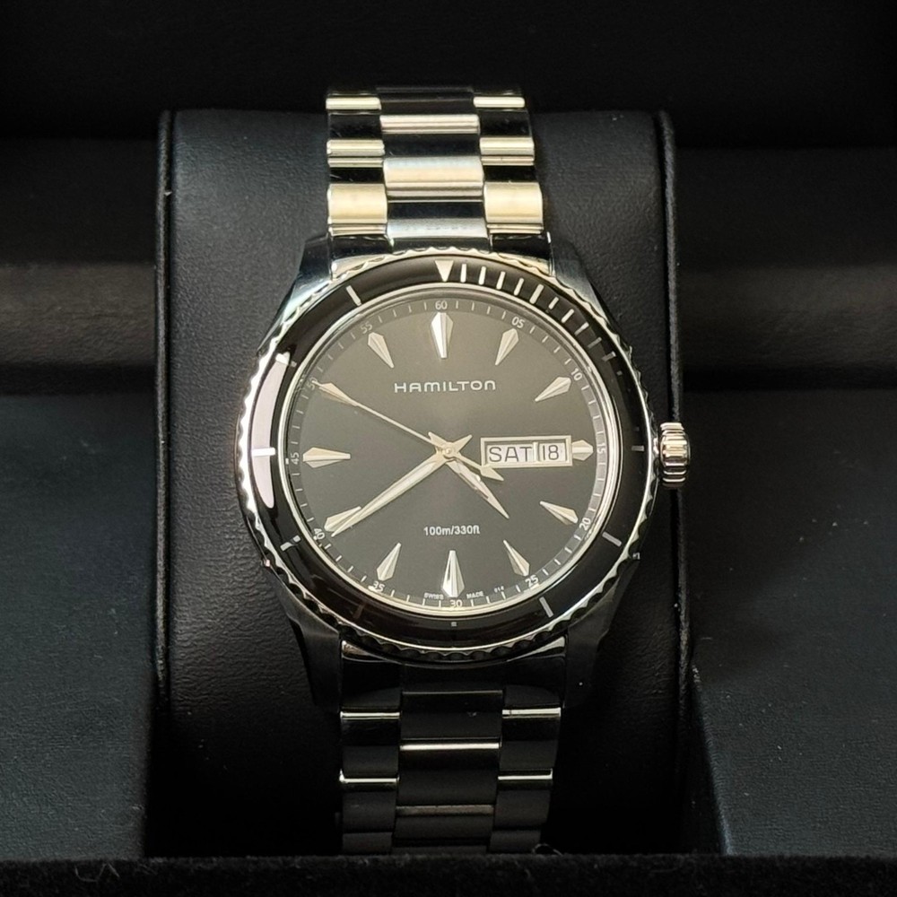 HAMILTON Jazzmaster Seaview Mens Quartz Watch Black Round Swiss Made H375110 with Box