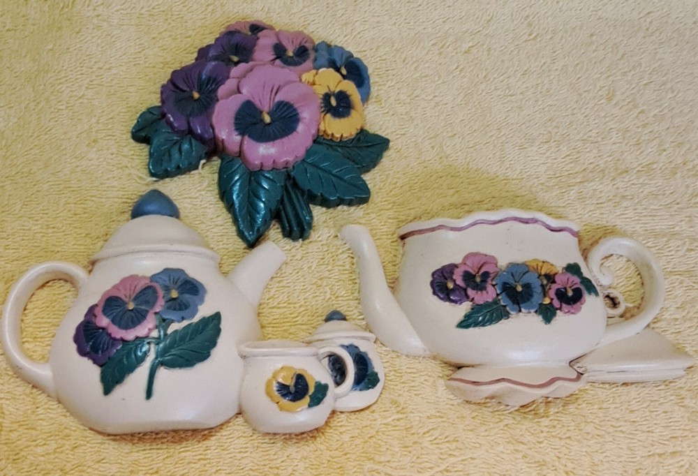 Burwood Wall Decor Pansy Teapot Sugar Cream Coffee X3 Set Home Interiors 4” VTG
