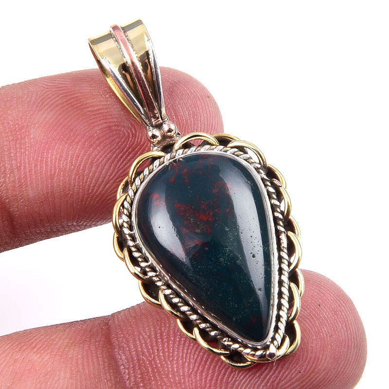 Natural Bloodstone Gemstone in 925 Sterling Silver Two-Tone Pendant 1.5 Inch