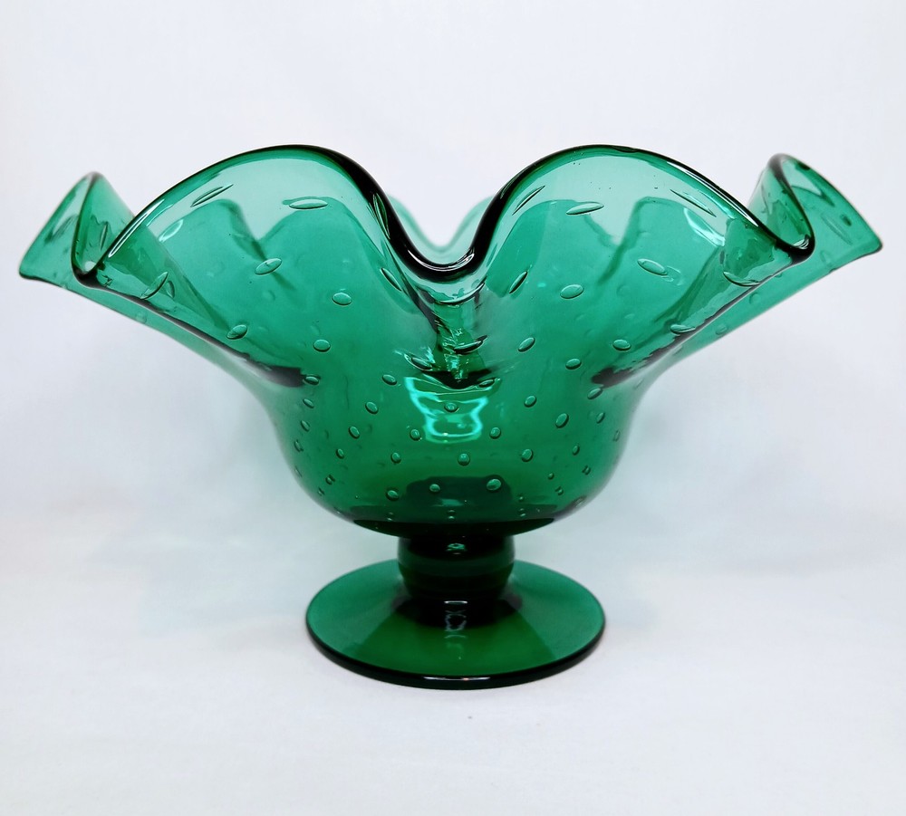VTG Bischoff Controlled Bubbles Ruffled Glass Pedestal Compote in Boel Green 6 Inch