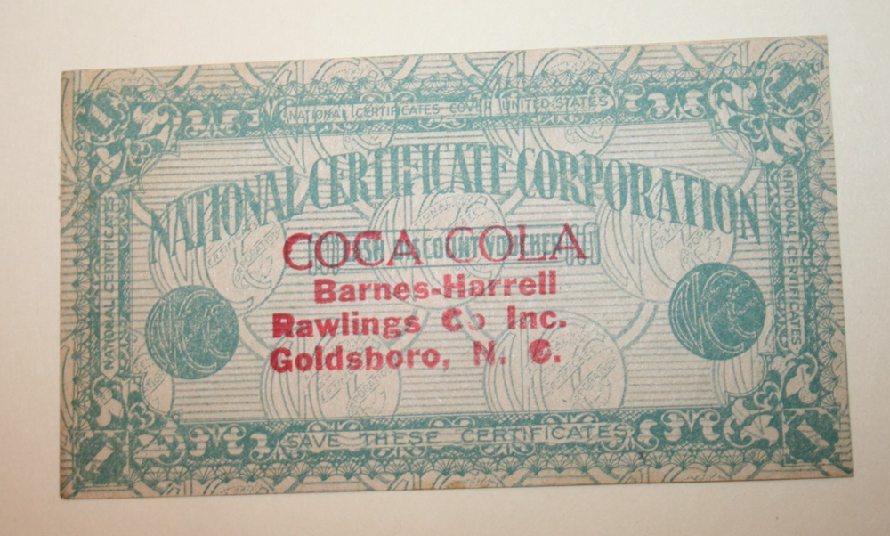 COCA COLA NATIONAL CERTIFICATE CORPORATION 1925 Redemption Vouchers-image