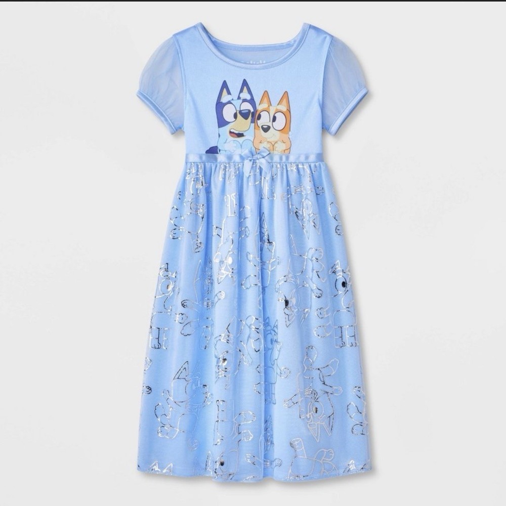Bluey Nightgown Girls Size 4T Blue Glitter Tulle Sleepwear Dress NEW