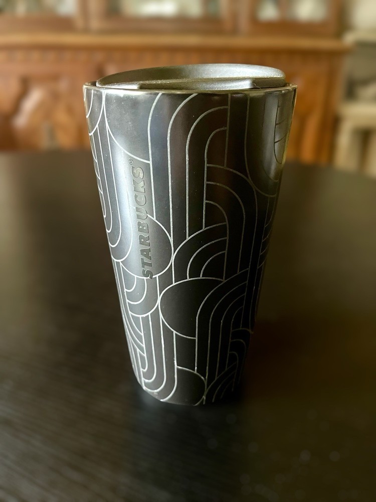 Starbucks Fall 2020 Black Geometric Etched 12oz Ceramic Travel Tumbler