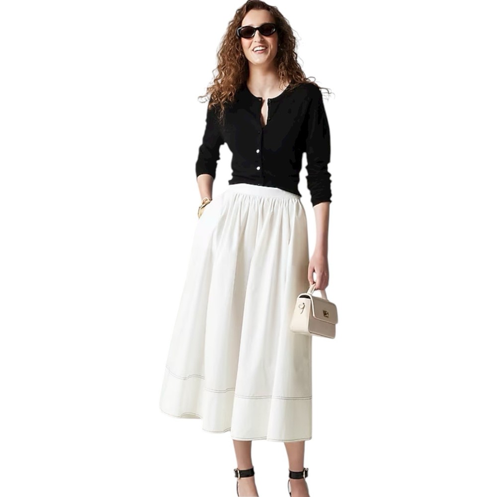 J Crew White Contrast Stitch Midi Skirt Cotton Poplin Womens Size 2