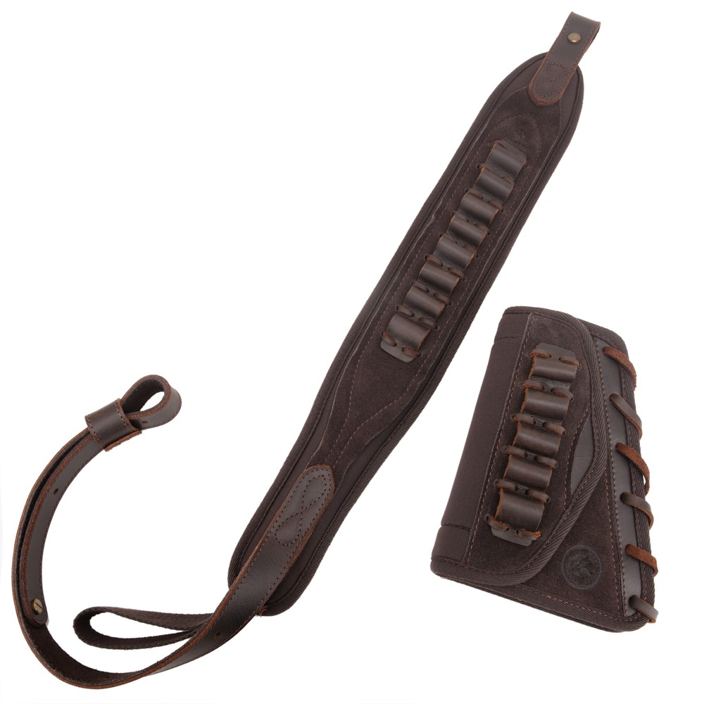 Hunting Gun Buttstock Leather Cheek Rest + Matched Sling Belt 12GA .22 .308 .357