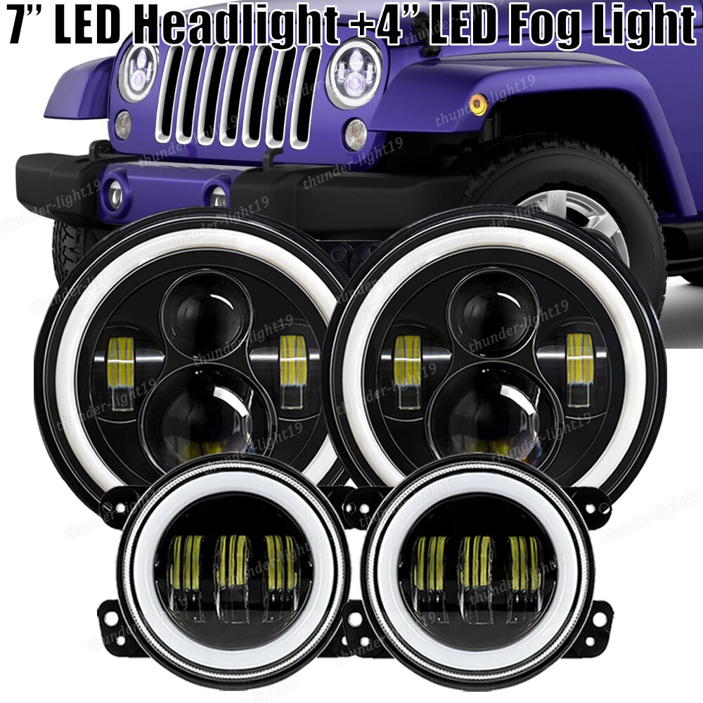 7'' Halo LED Headlights & 4'' Fog Light White/Amber DRL for Jeep Wrangler JK JKU