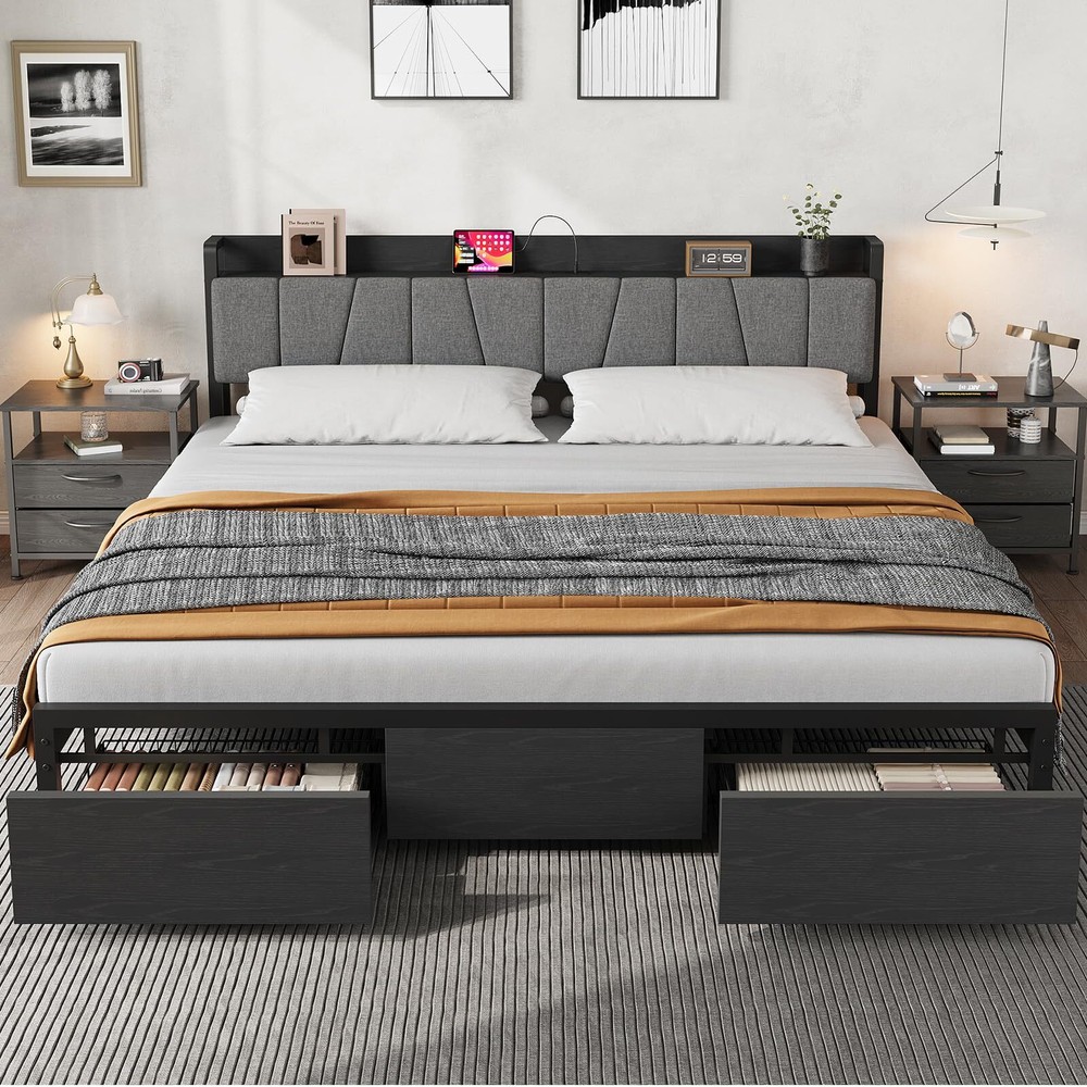 King Size Bed Frame Headboard Platform w/2 Storage Drawers and Charging Station