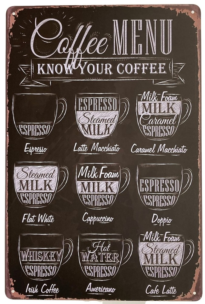 Vintage Tin Metal Coffee Bar Menu Sign with Recipes - 8x12 Inches