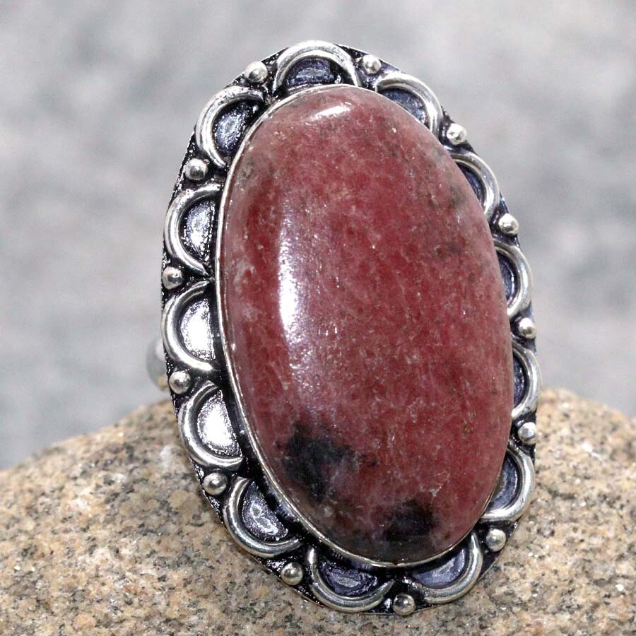 Handmade 925 Silver Plated Rhodonite Ethnic Ring Size US 9.5 Jewelry