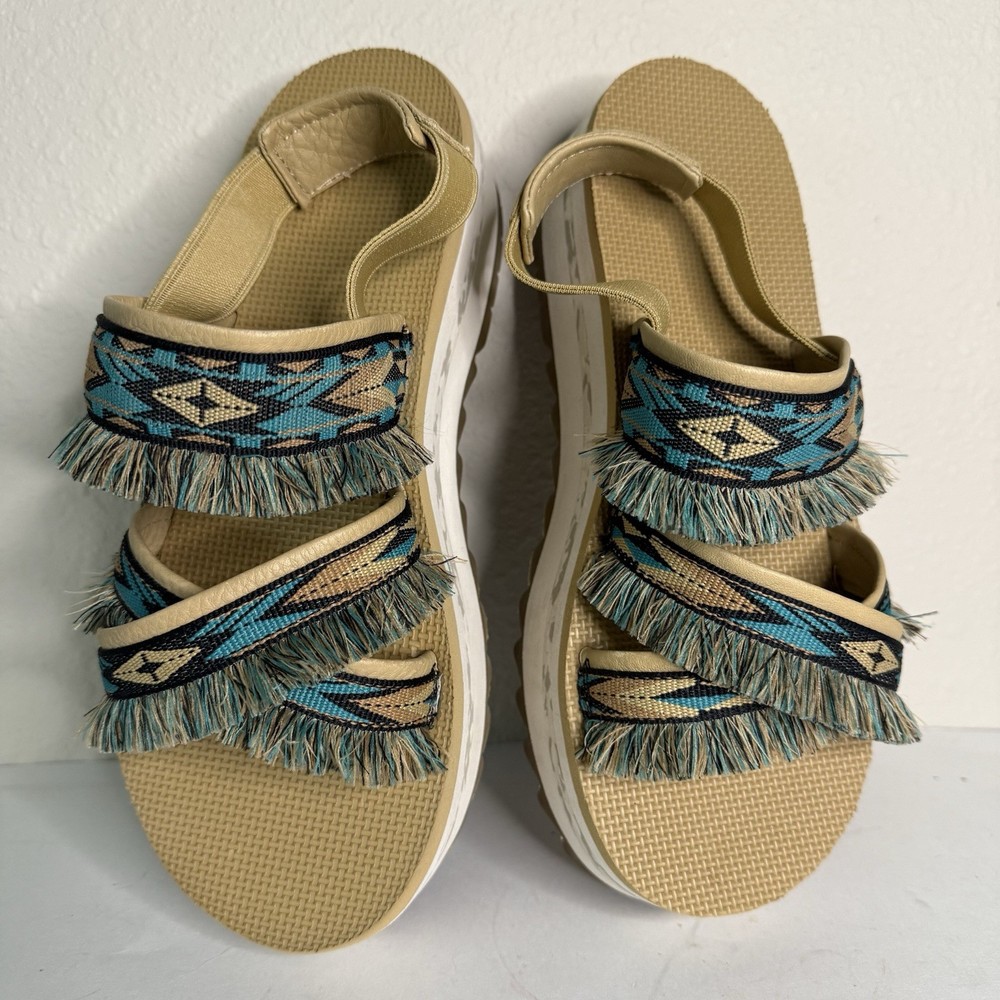 Teva Flatform Ceres Sandals Womens 10 Aztec Design Teal Blue Boho Fringe