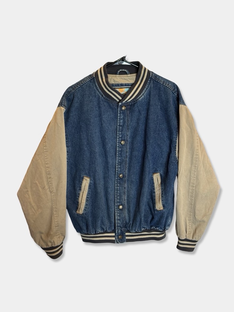 Stratojac Acid Washed Denim Jean Jacket Khaki Sleeves -Medium- Bomber Varsity