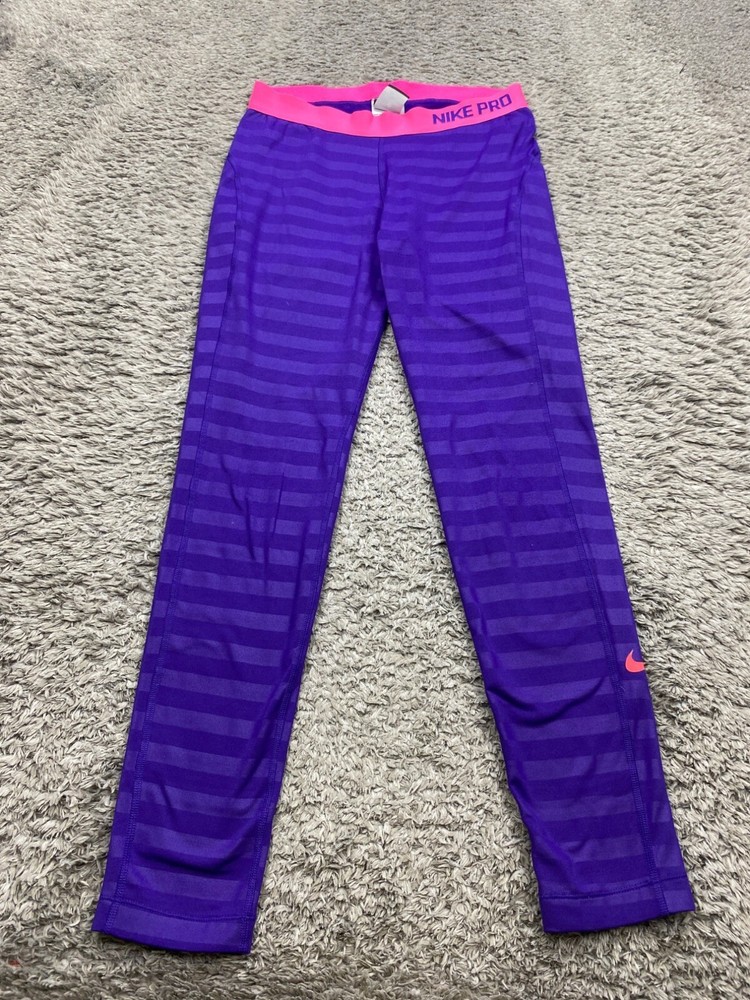 Nike Leggings Women Large Plum Purple Striped Nike Pro Dri-Fit Pull On Pants Vtg