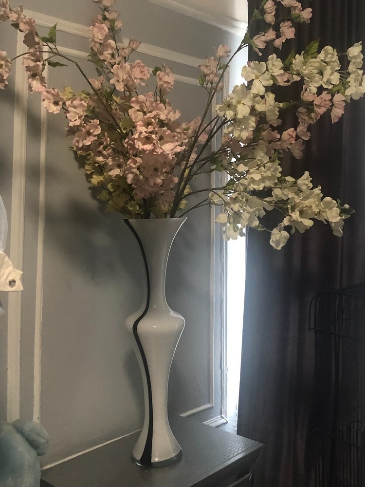 Large Contemporary White and Black Glass Floor Vase