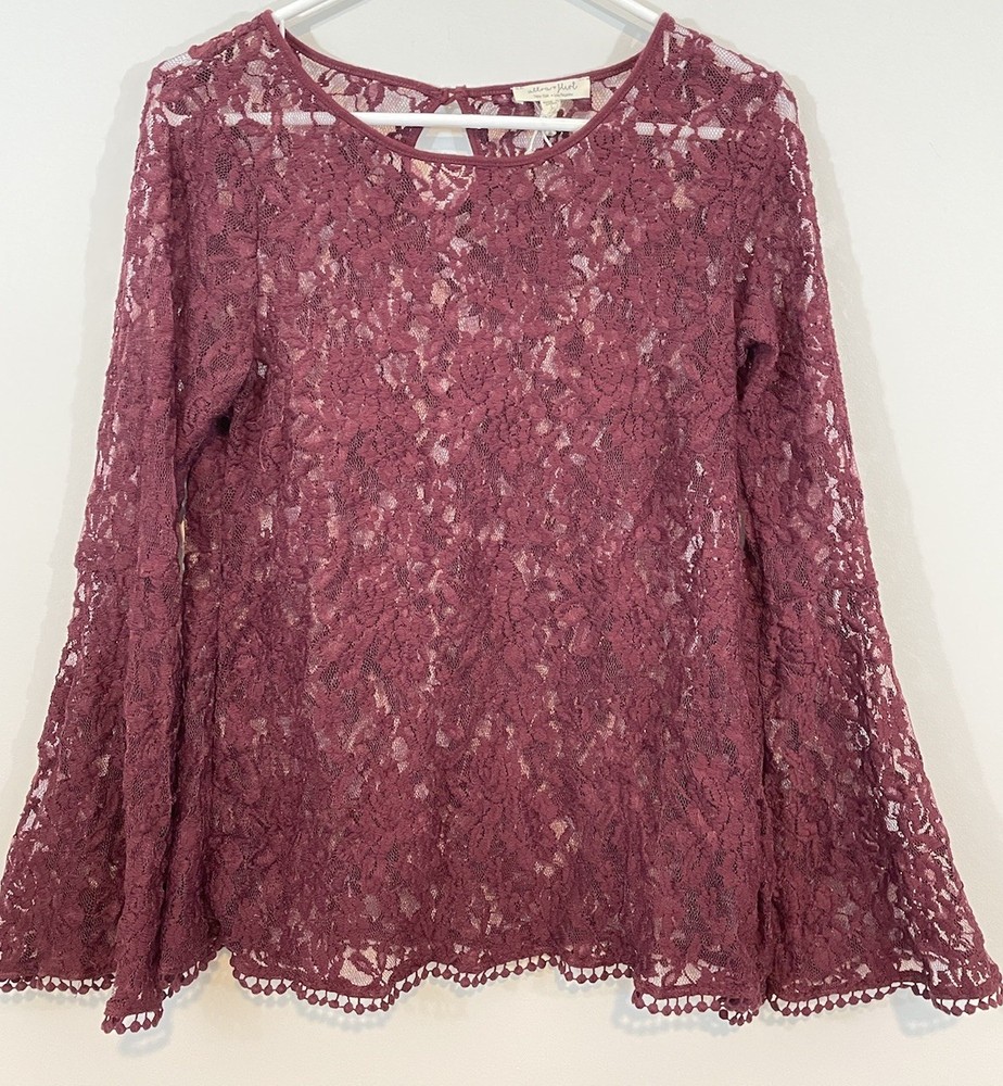 Ultra flirt Blouse top womens large Burgundy Lace Floral sheer WhimsiGoth Fairy