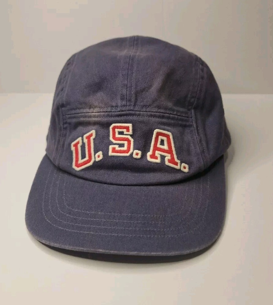 Vtg. 5 PANEL OLYMP USA POLO RALPH LAUREN Cap Hat Sports Navy blue Red Pony Strap