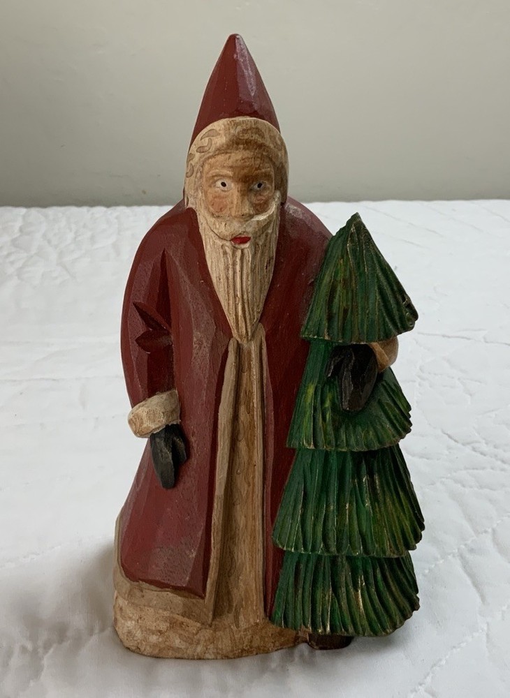 Santa Claus Figurine, Folk Art With Tree, Carved, Real Wood, Hand Made, USA