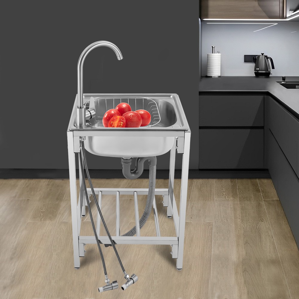 Stainless Steel Single Basin Kitchen Sink with Faucet and Stand for Laundry or Simple Setup  