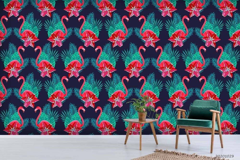 3D Flowers Leaves Flamingo Pattern Wall Murals Wallpaper Murals Wall Sticker