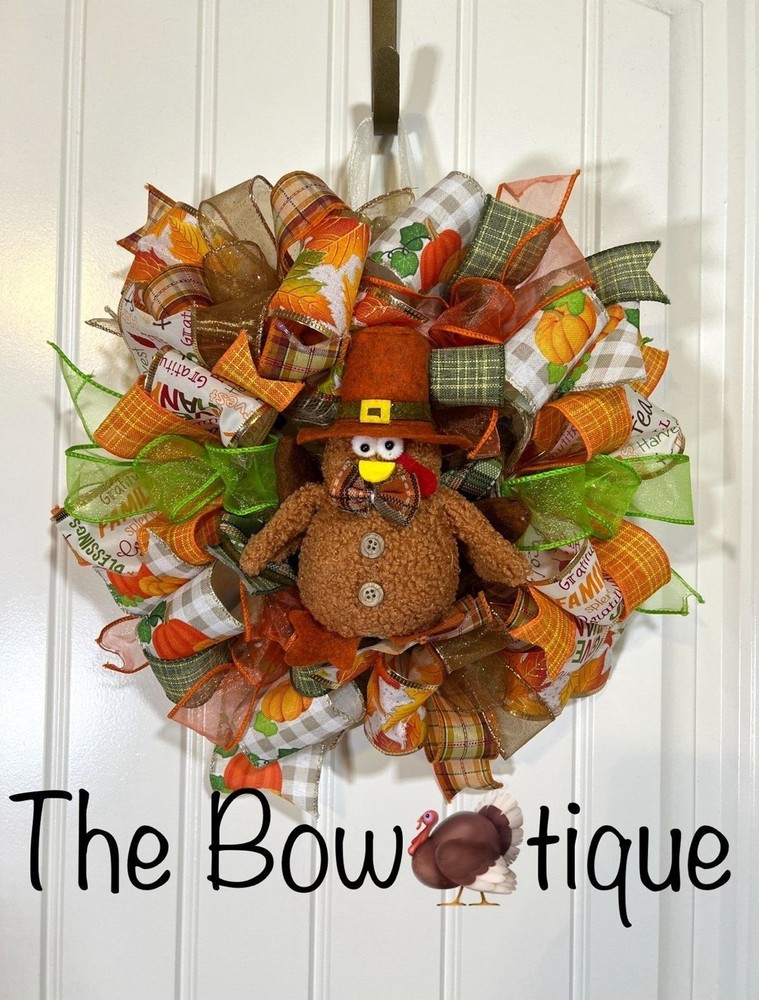 13 Inch Fall Ribbon Wreath Thanksgiving Turkey Decoration MW7