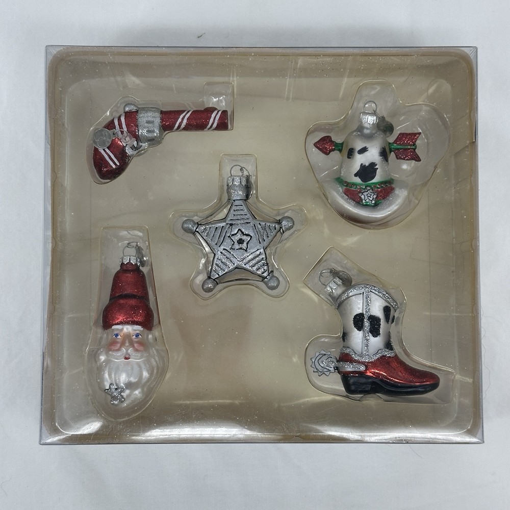 Dept 56 Tiny Trimmings 5-Piece Cowboy Sheriff Santa Glass Ornament Set