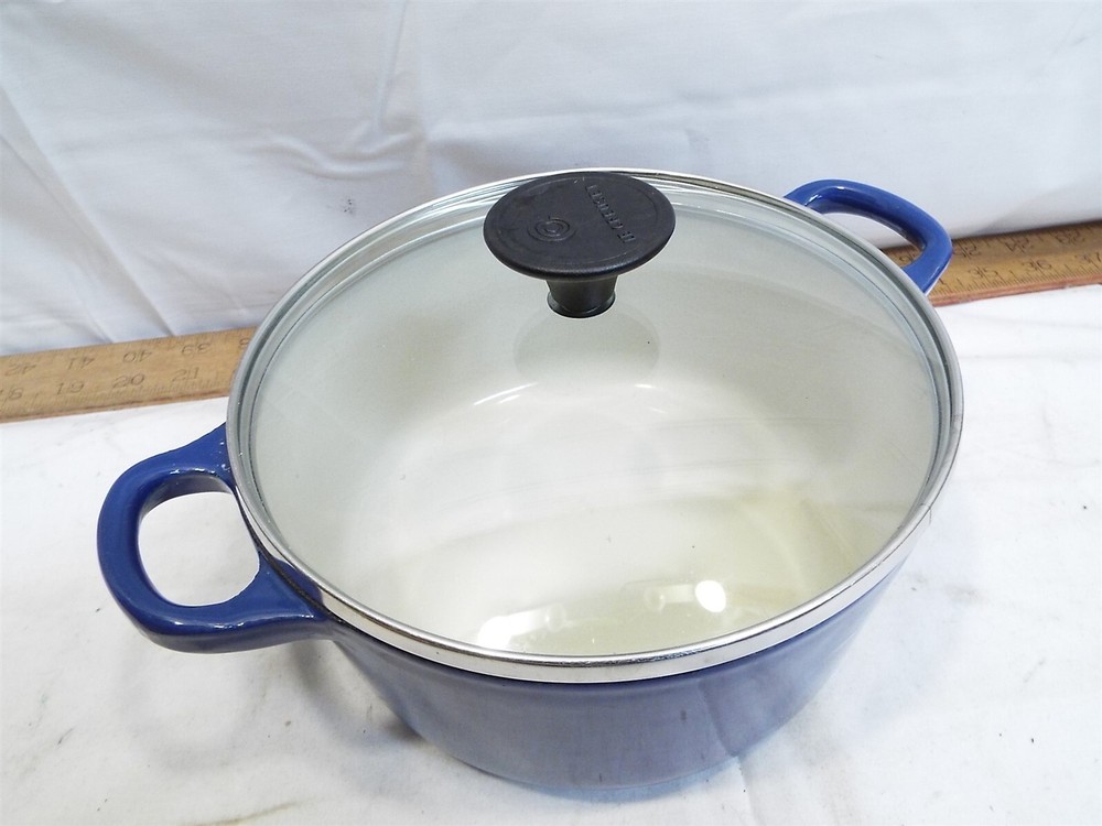 Le Creuset #18 Blue Enamel Cast Iron Petite Stock Pot with Glass Lid and Twin Handles