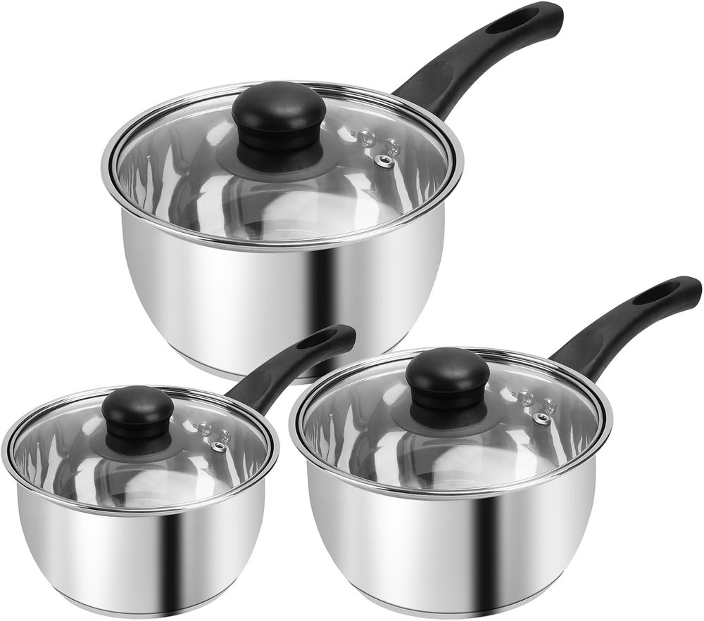 Stainless Steel Saucepan Set, 1 QT & 2 QT & 3 QT Saucepans with Glass Lids...