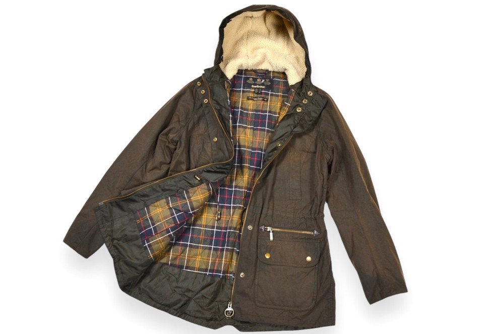 Women's Barbour Kelsall Jacket Wax Olive Hooded England Size 12