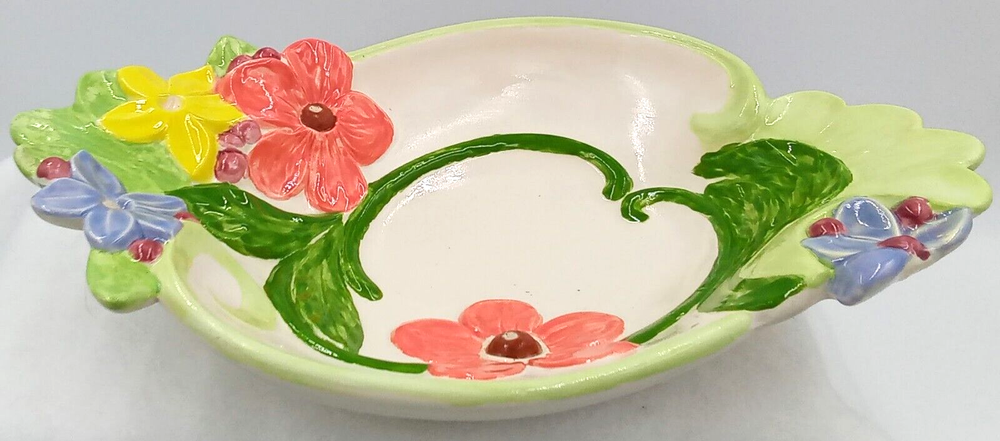 Holland Mold Floral Dish Bowl Hand Painted Plaster Ceramic Vintage MCM USA 10.5