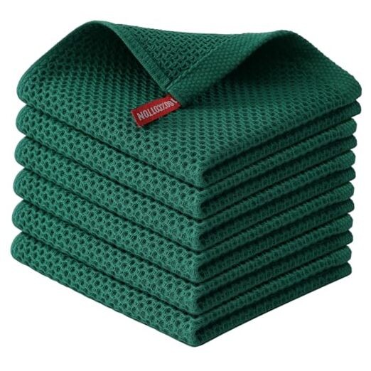 100% Cotton Waffle Weave Dish Cloths 6-Pack Dark Green 12x12 Inches