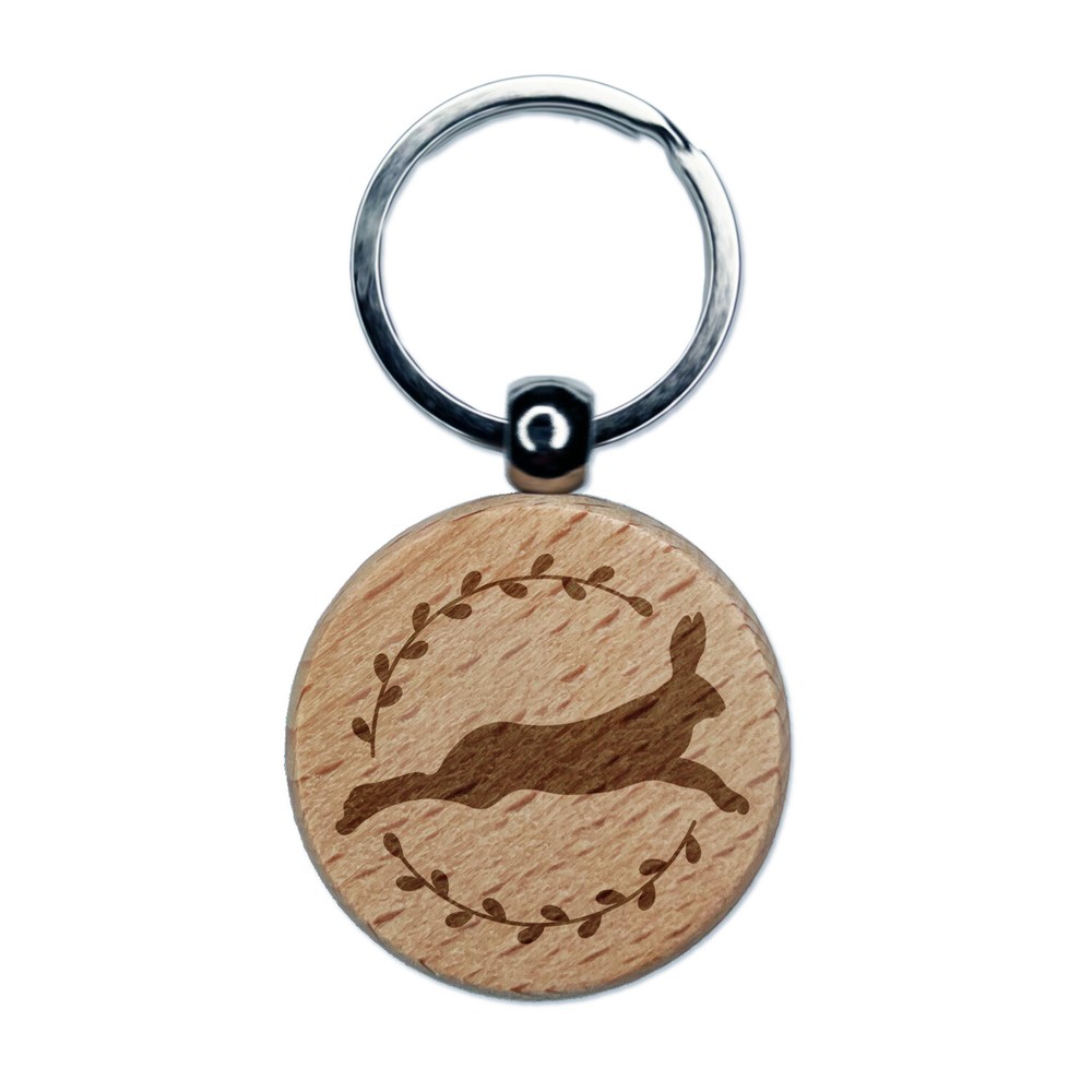 Leaping Jack Rabbit Silhouette Engraved Wood Round Keychain Tag Charm