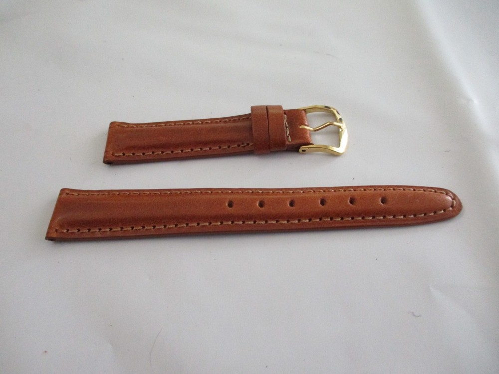 GENUINE leather watch band strap 16 MM cognac smooth  gold buckle usa