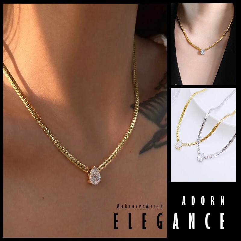 Stainless Steel Cuban Chain Teardrop Cubic Zirconia Pendant Necklace Women Gift