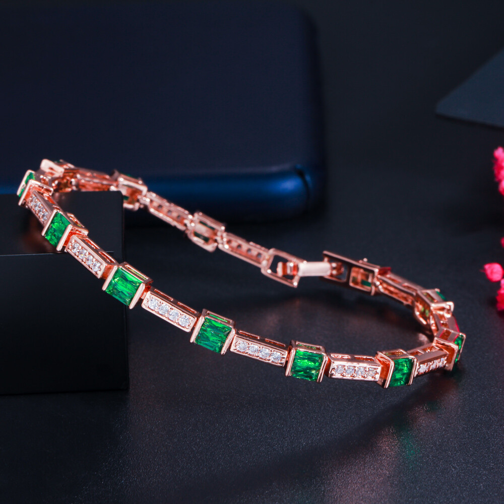 Square Cut Green Citrine & White Topaz Rose Gold CZ Women’s Bracelet