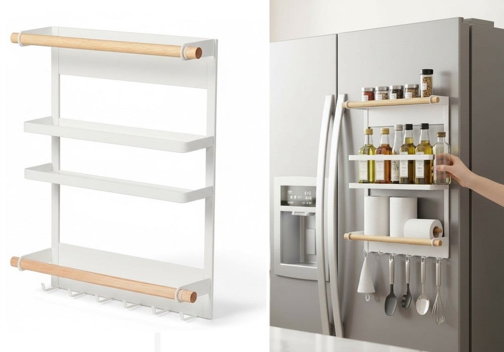 Magnetic Spice Rack for Fridge Utensil Paper Towel Holder Roll 6 Hooks 1 Shelf