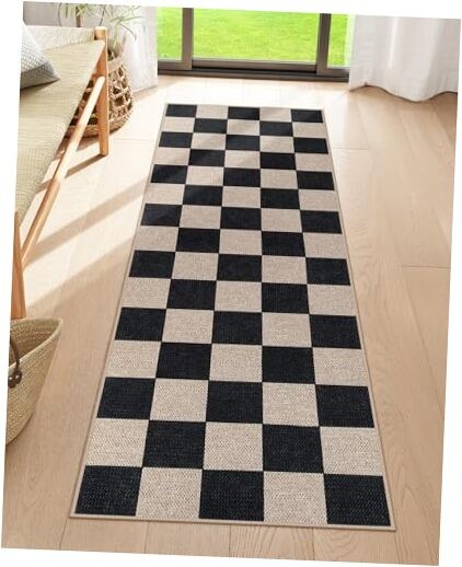 Checkered Easy Jute Runner Rug, 2x6 Kitchen Runner Rug Non Slip Washable