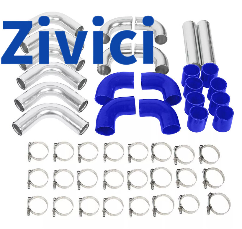 2.5 Inch Universal Aluminum Intercooler Pipe Kit with Blue Silicone Couplers and Clamps