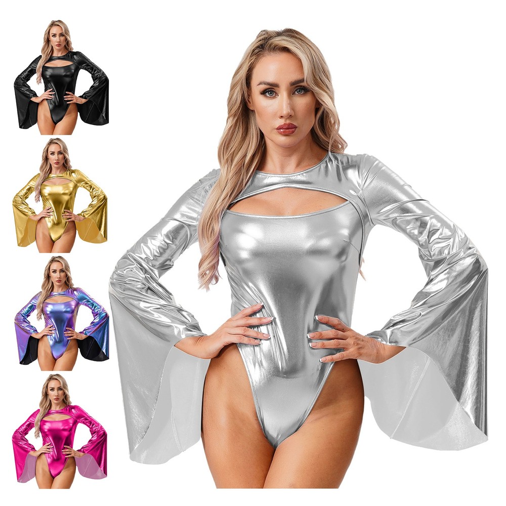 Womens Bodysuit Halloween Jumpsuit Ladies Leotard Festival Outfits Metallic PU