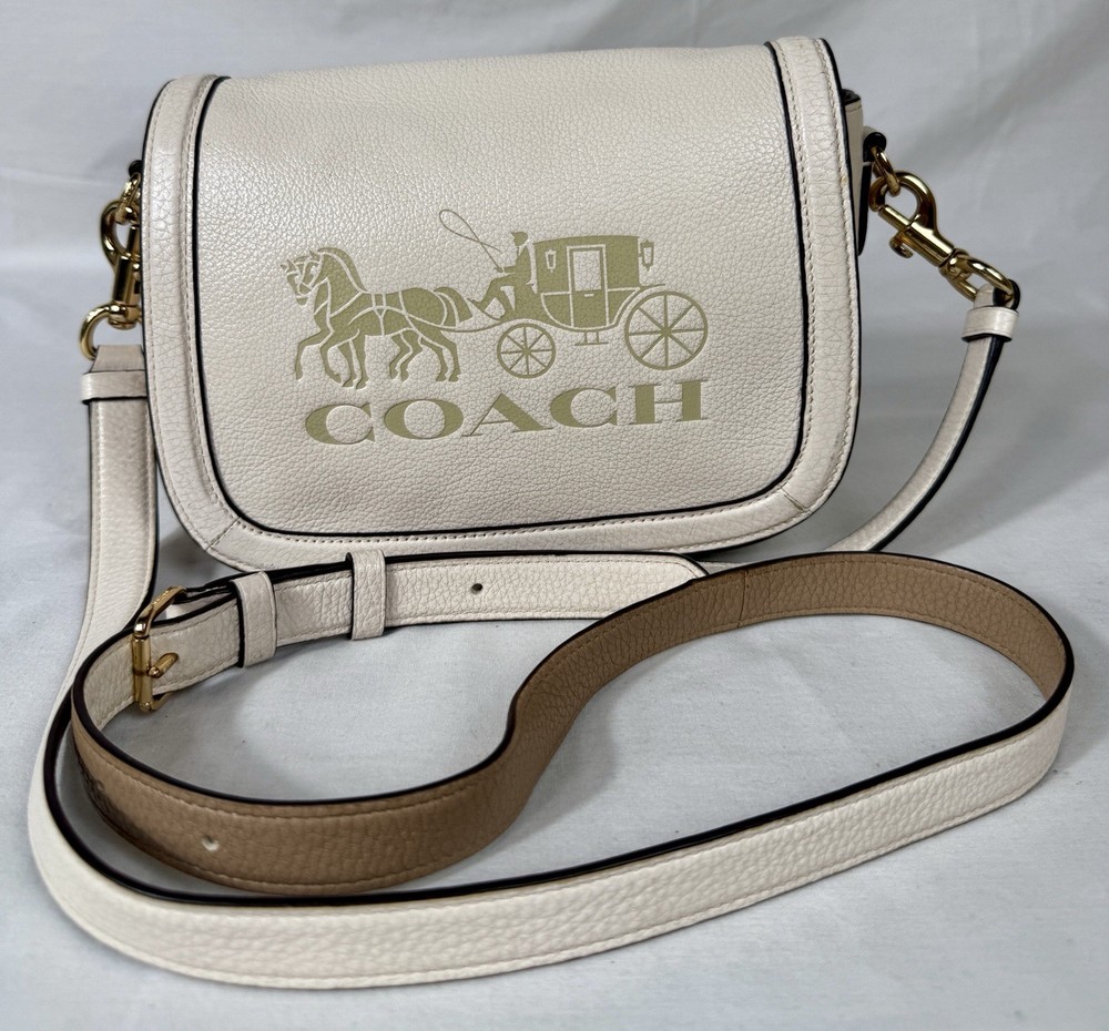 😎😎😎COACH Chalk Vanilla ICONIC HORSE AND CARRIAGE Saddle Bag C4058 Crossbody