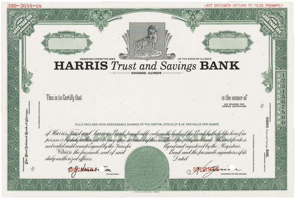Harris Trust and Savings Bank. Stock Certificate