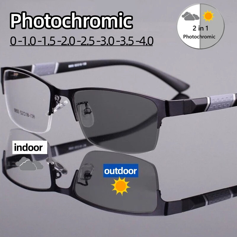 Vintage Photochromic Myopia Glasses for Men with Mid-Frame Vision Shift