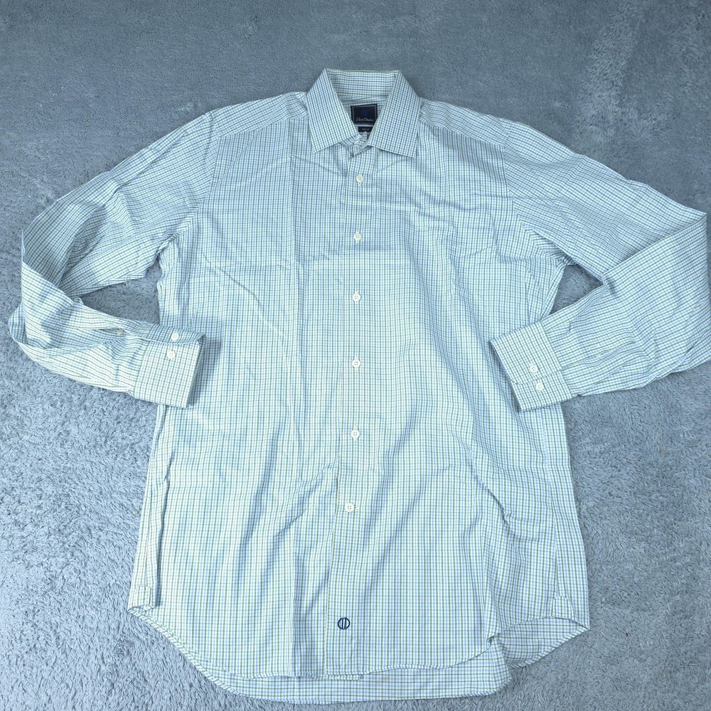 David Donahue Shirt Mens 16 34/35 Blue Check Trim Fit Long Sleeve Cotton Dress
