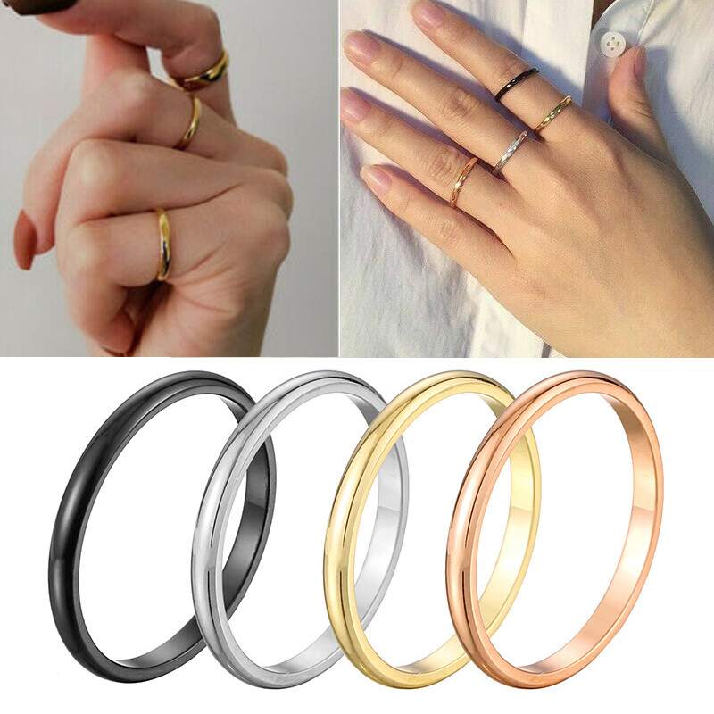 Women 2mm Thin Stackable Ring Stainless Steel Plain Band for Gifts Size 3-10