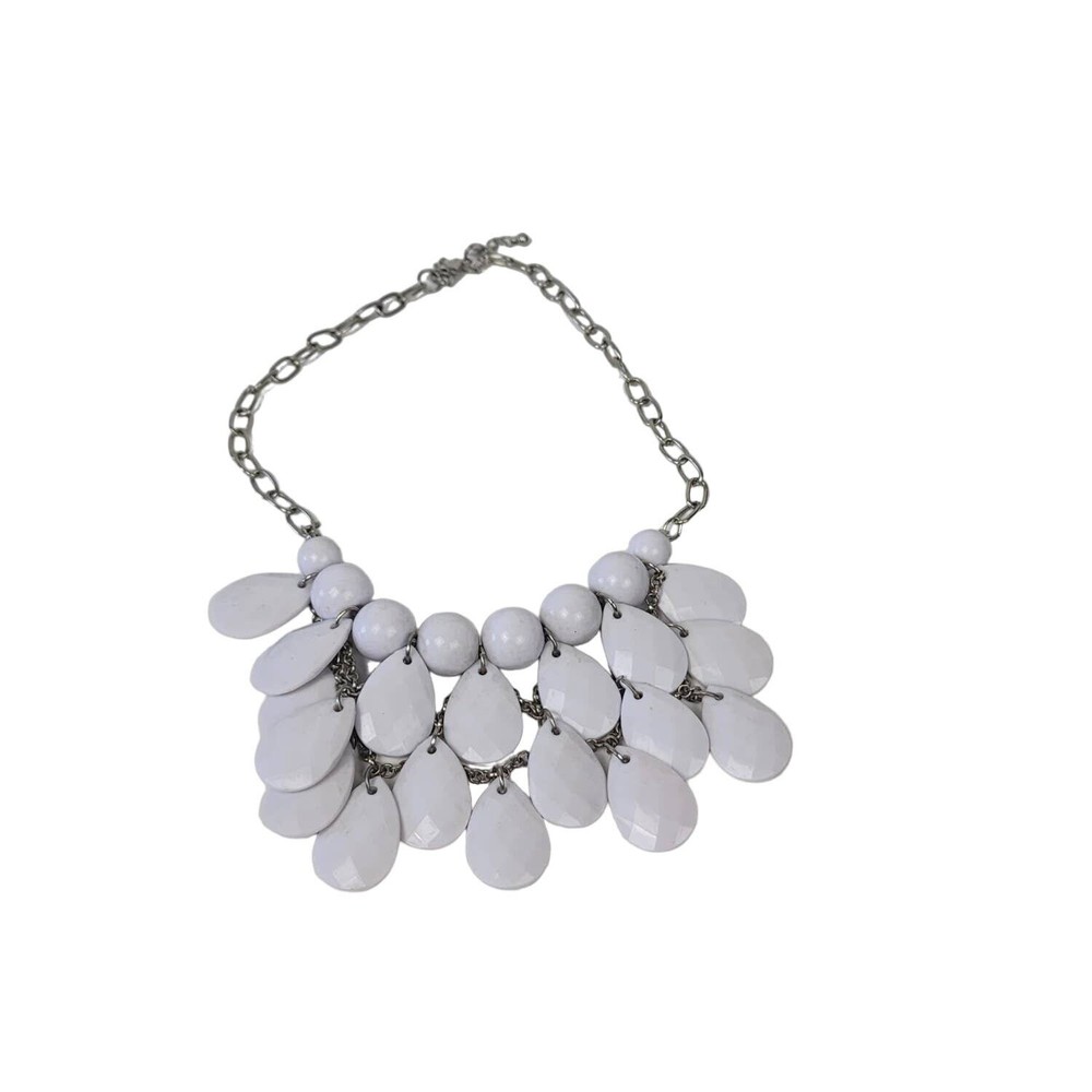 Fashion White Beaded Round Teardrop Statement Costume Jewelry 9.5 in Necklace